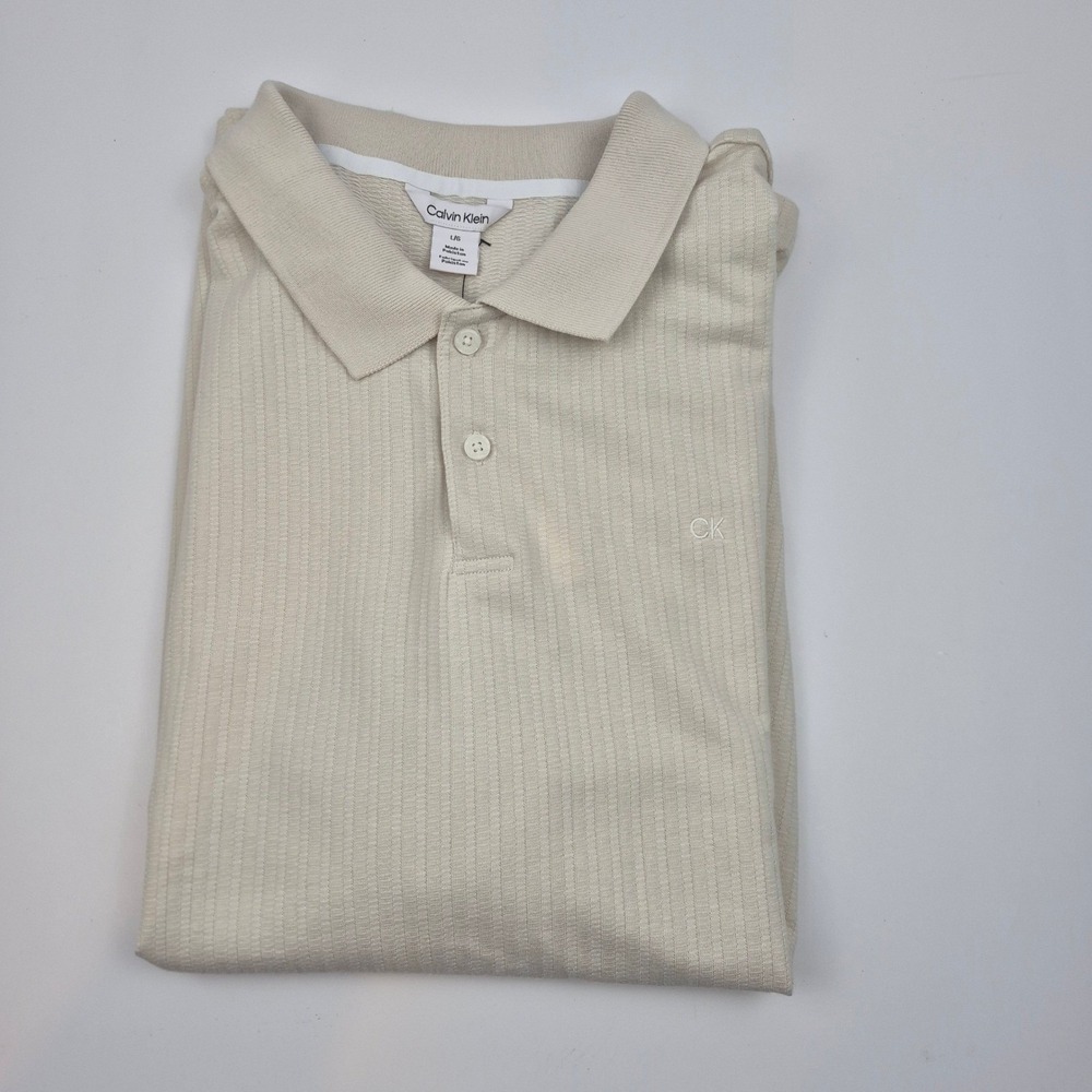 Calvin Klein Men's Polo Shirt Ribbed Short Sleeve Chalk Beige L Wicking NWT Golf